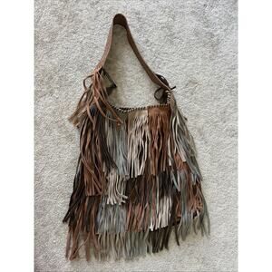 Muxo by Camila Alves Leather Handbag Black Large Fringed Shoulder Bag